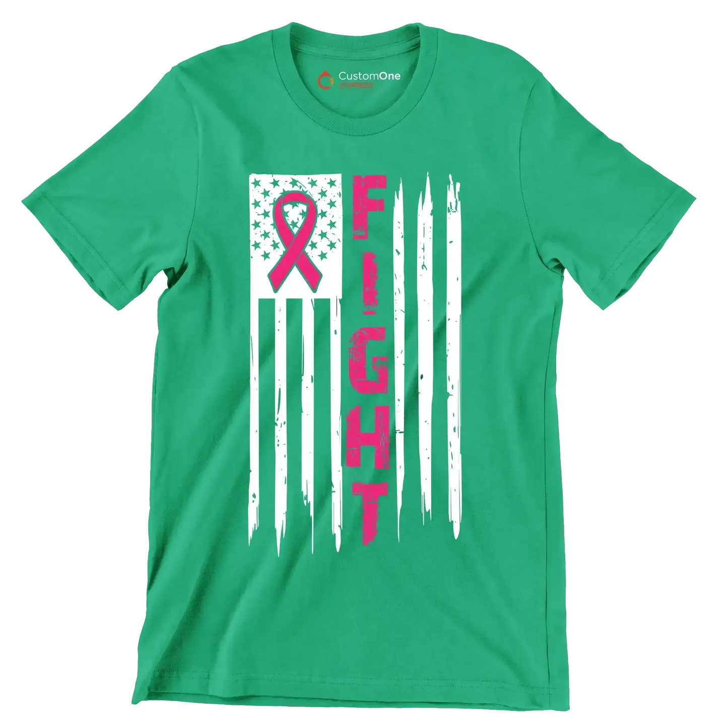 Fight Pink Ribbon American Flag - Breast Cancer Awareness T-Shirt-Green-S-Custom One Express