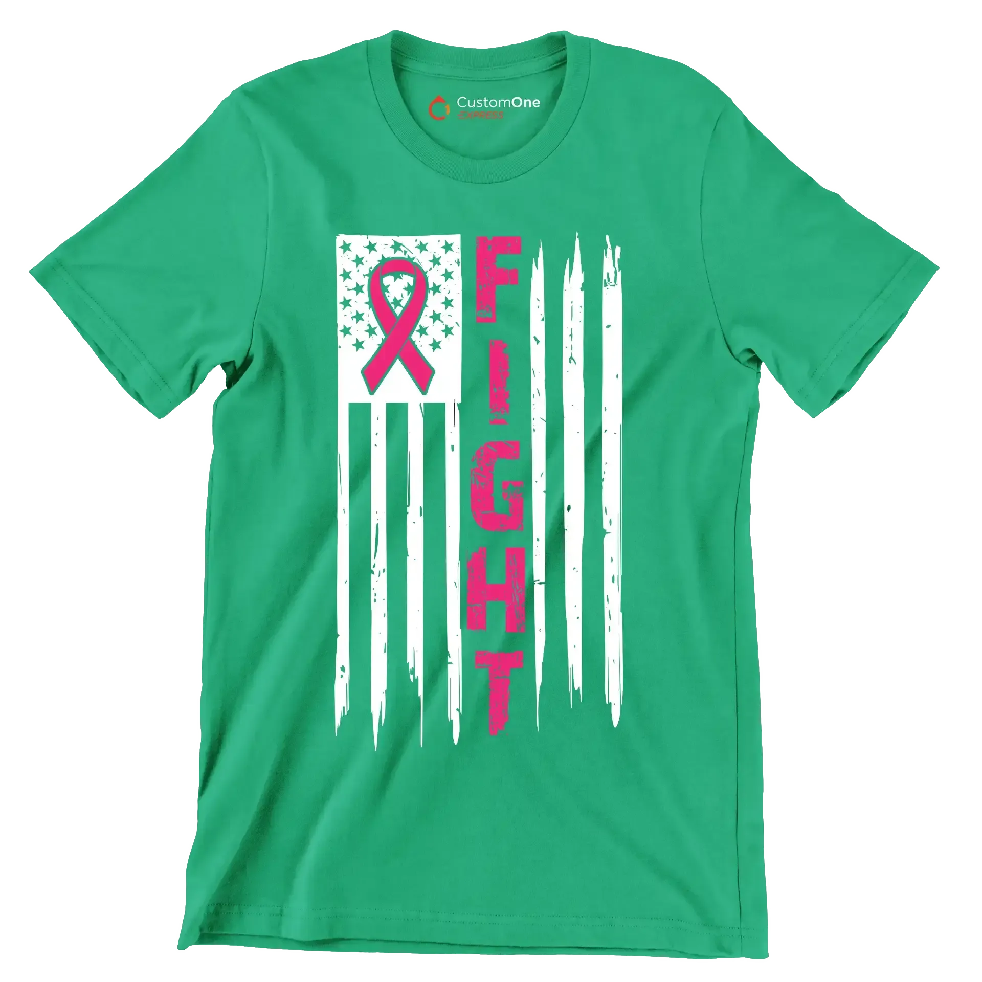 Fight Pink Ribbon American Flag - Breast Cancer Awareness T-Shirt-Green-S-Custom One Express