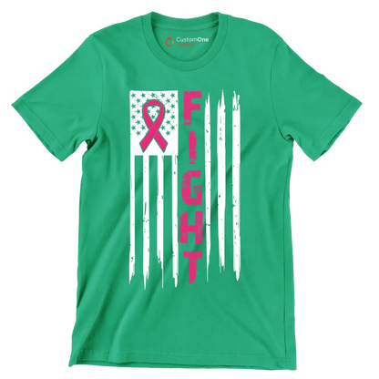 Fight Pink Ribbon American Flag - Breast Cancer Awareness T-Shirt-Green-S-Custom One Express