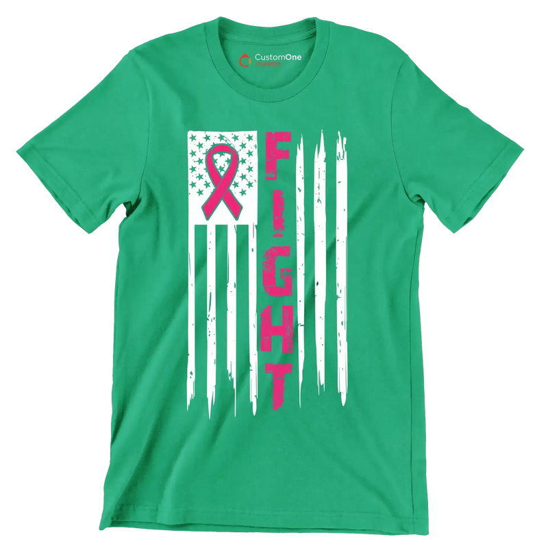 Fight Pink Ribbon American Flag - Breast Cancer Awareness T-Shirt