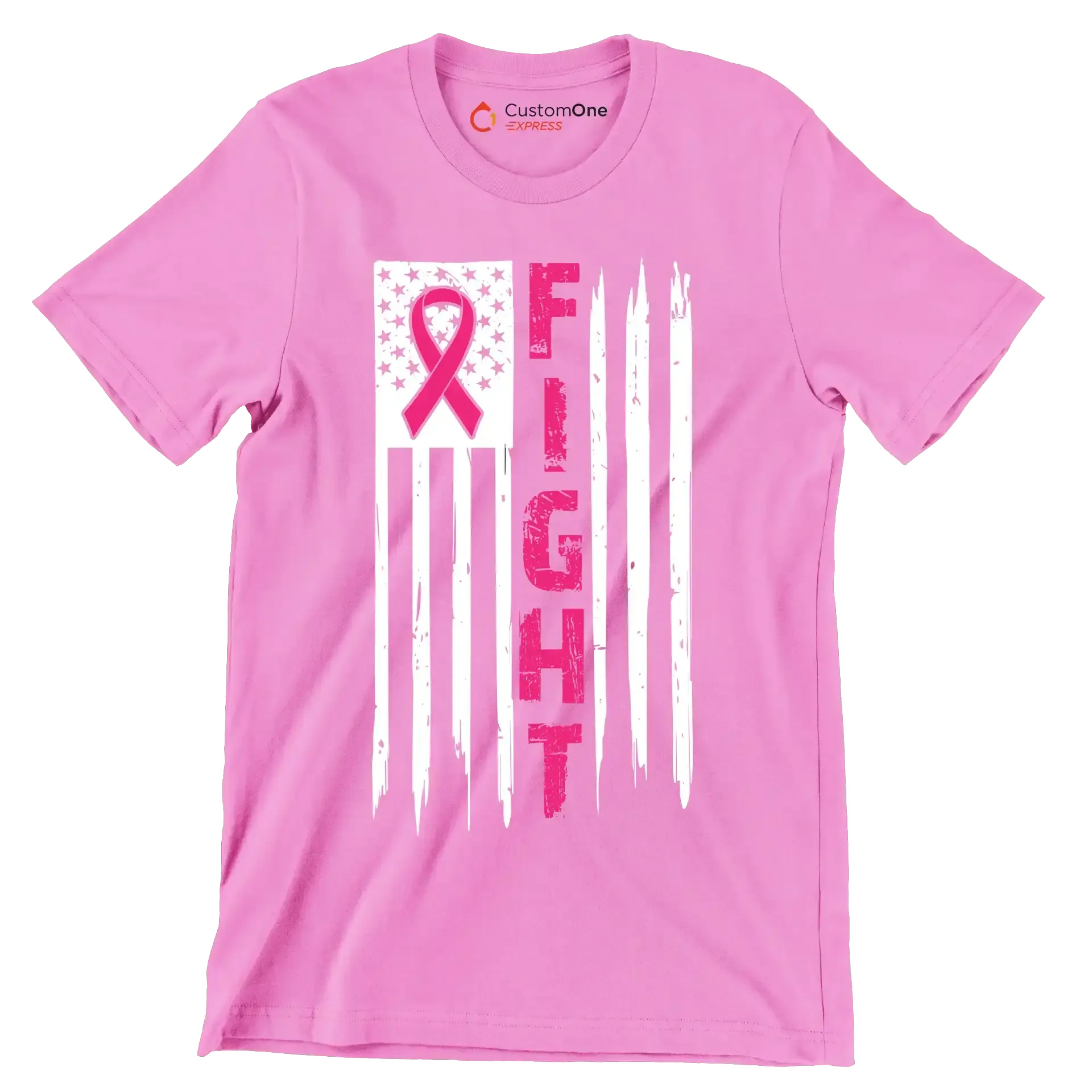 Fight Pink Ribbon American Flag - Breast Cancer Awareness T-Shirt-Pink-S-Custom One Express