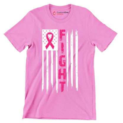 Fight Pink Ribbon American Flag - Breast Cancer Awareness T-Shirt-Pink-S-Custom One Express