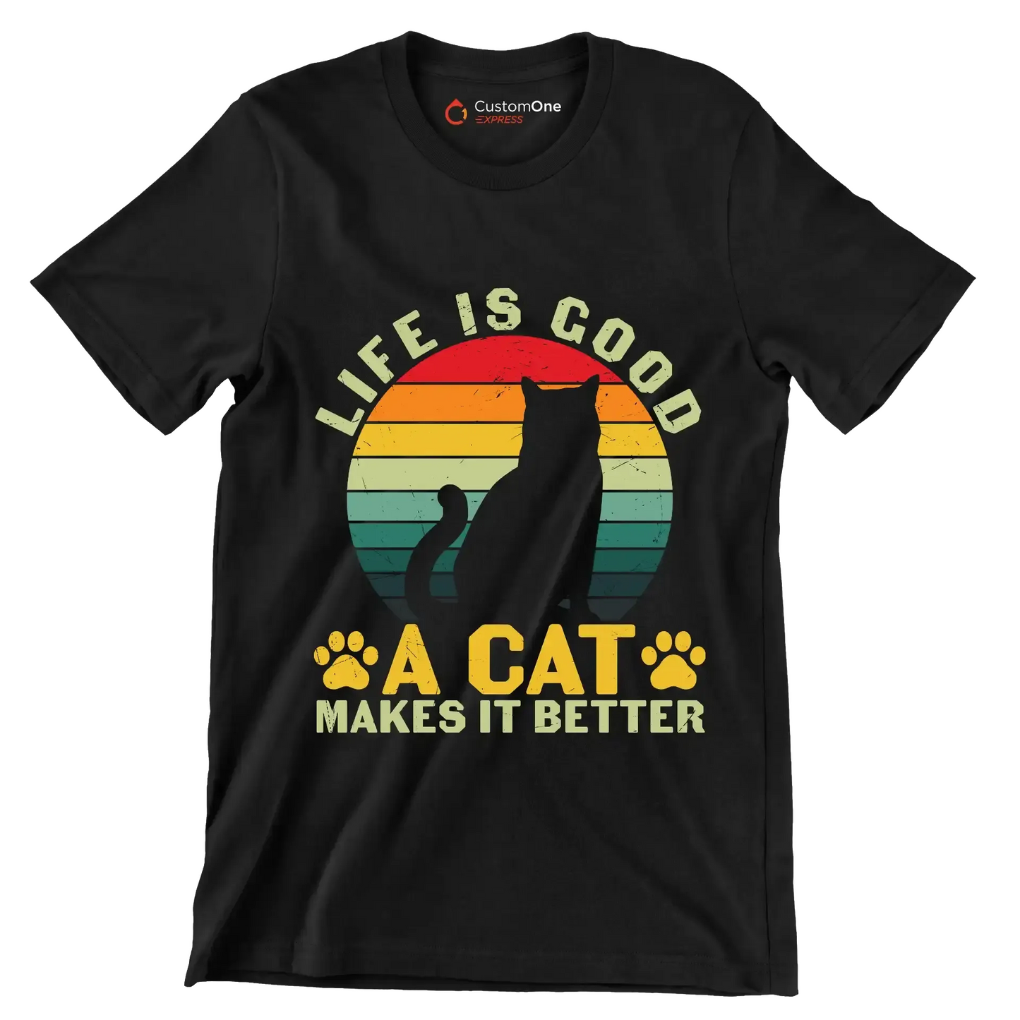 Funny Life Is Good - Cat Themed T-Shirt-Black-S-Custom One Express