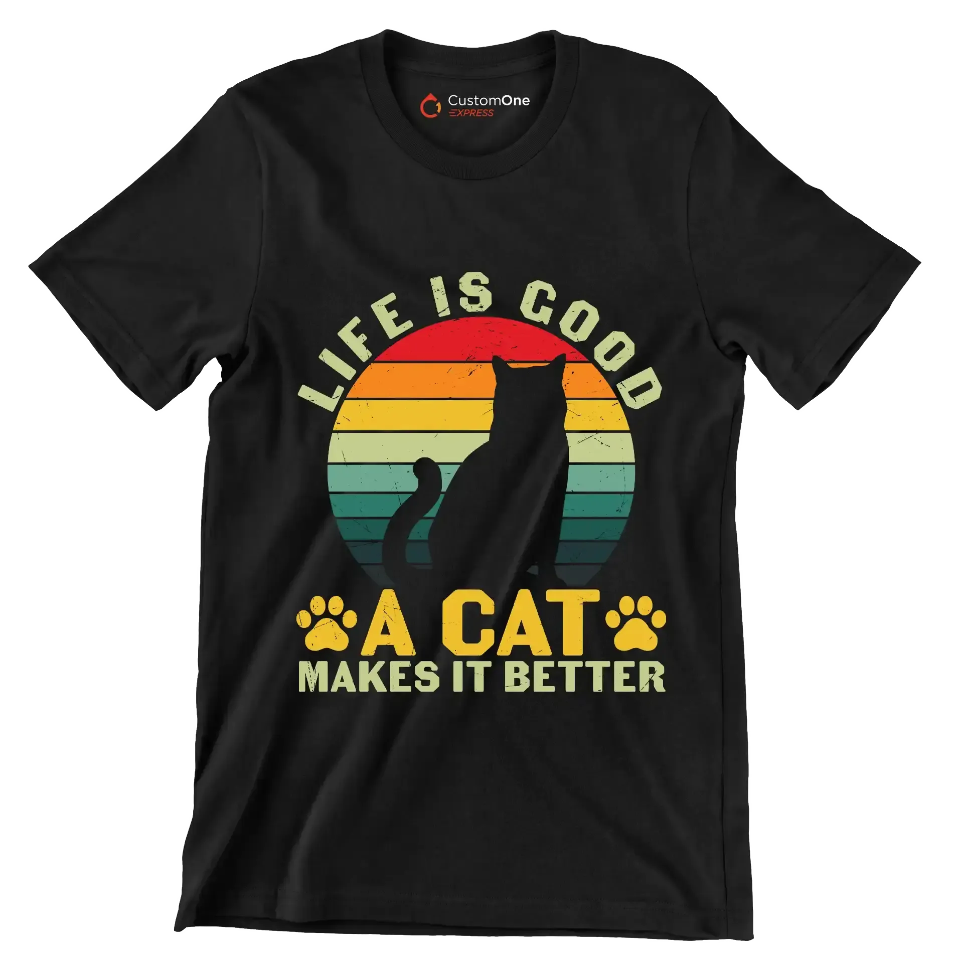 Funny Life Is Good - Cat Themed T-Shirt-Black-S-Custom One Express