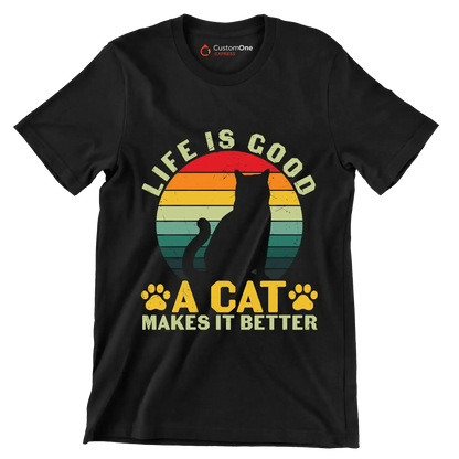 Funny Life Is Good - Cat Themed T-Shirt-Black-S-Custom One Express