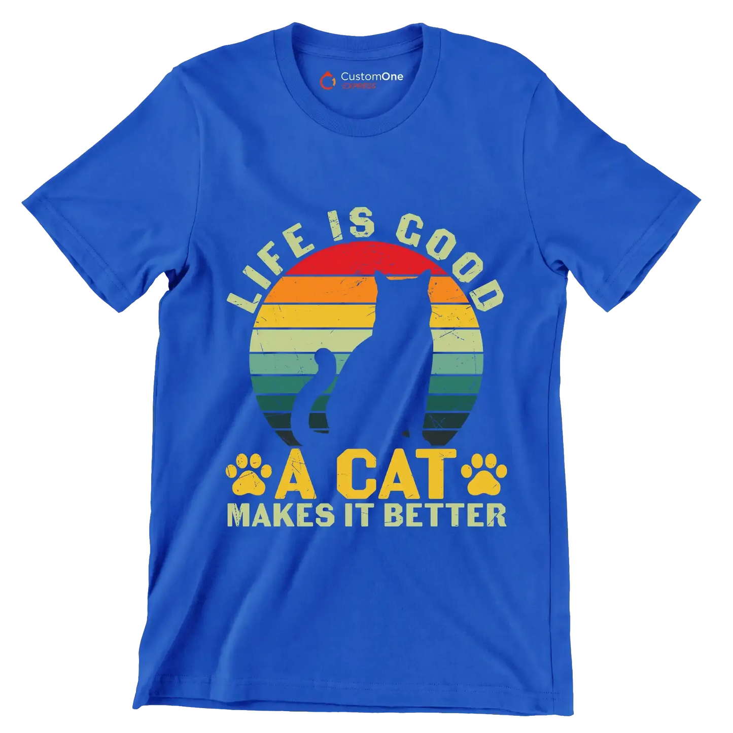 Funny Life Is Good - Cat Themed T-Shirt-Blue-S-Custom One Express