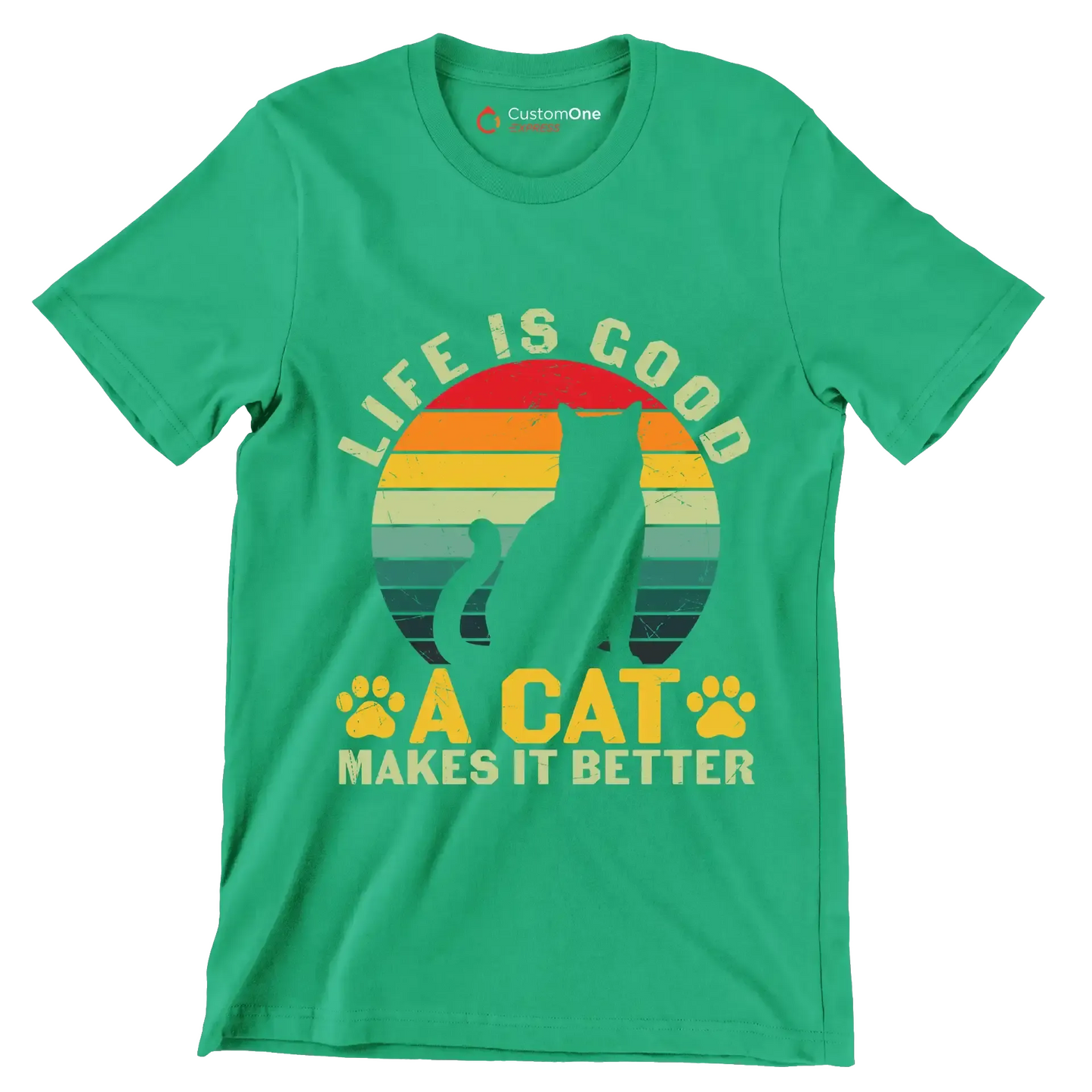 Funny Life Is Good - Cat Themed T-Shirt-Green-S-Custom One Express