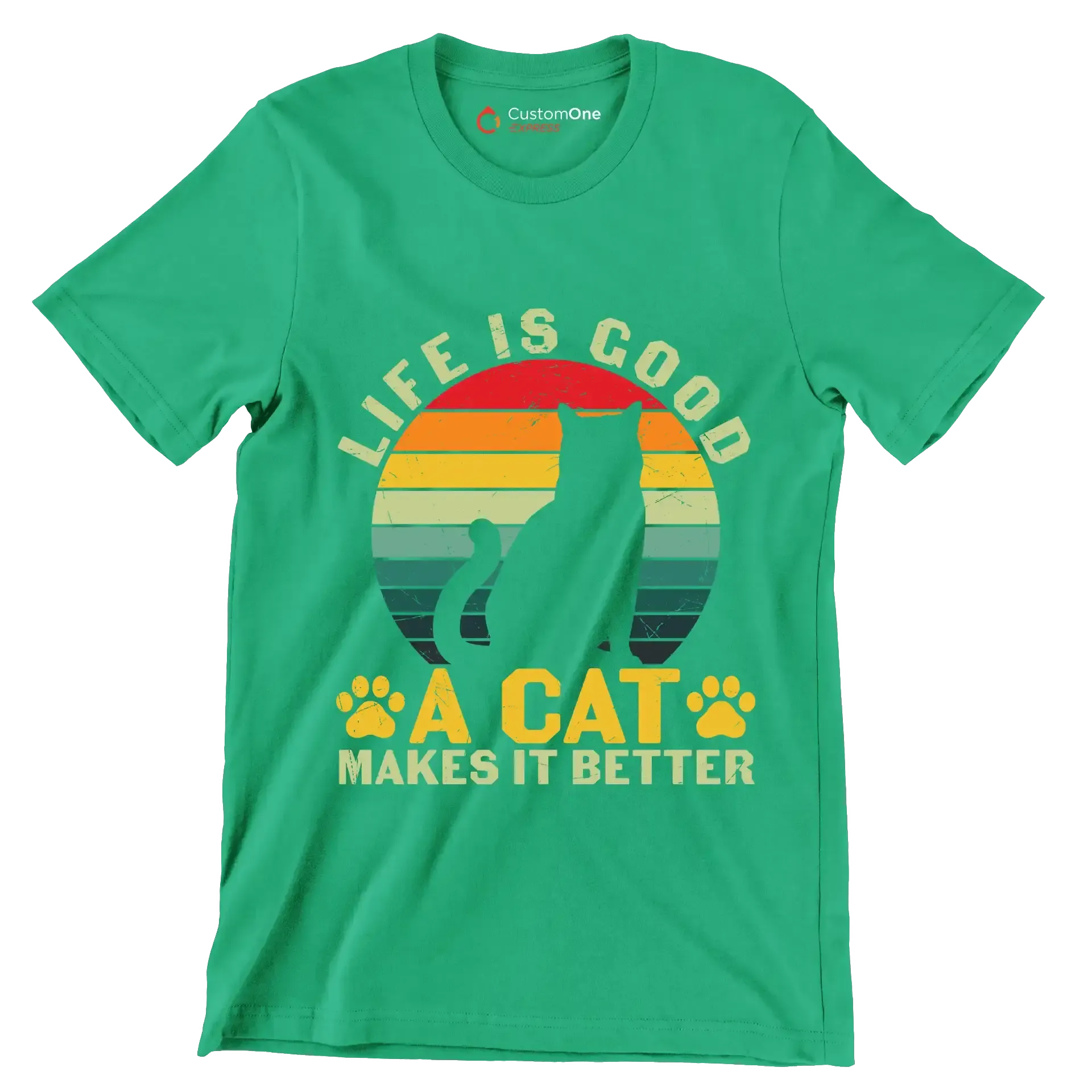 Funny Life Is Good - Cat Themed T-Shirt-Green-S-Custom One Express