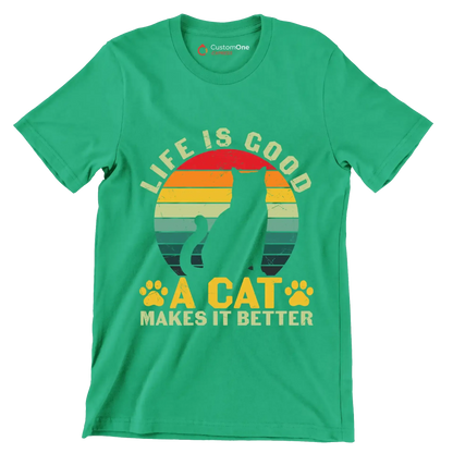 Funny Life Is Good - Cat Themed T-Shirt-Green-S-Custom One Express