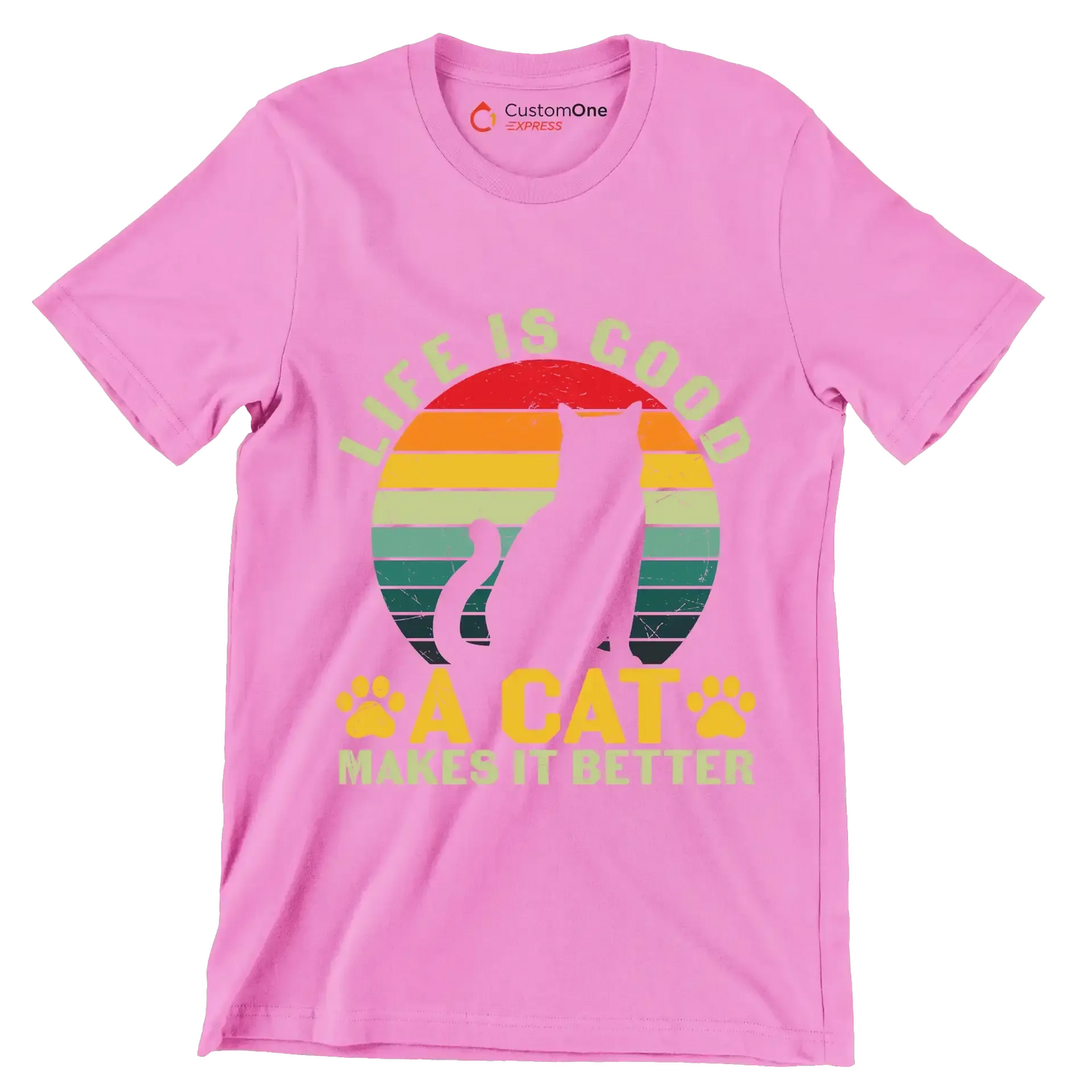 Funny Life Is Good - Cat Themed T-Shirt-Pink-S-Custom One Express