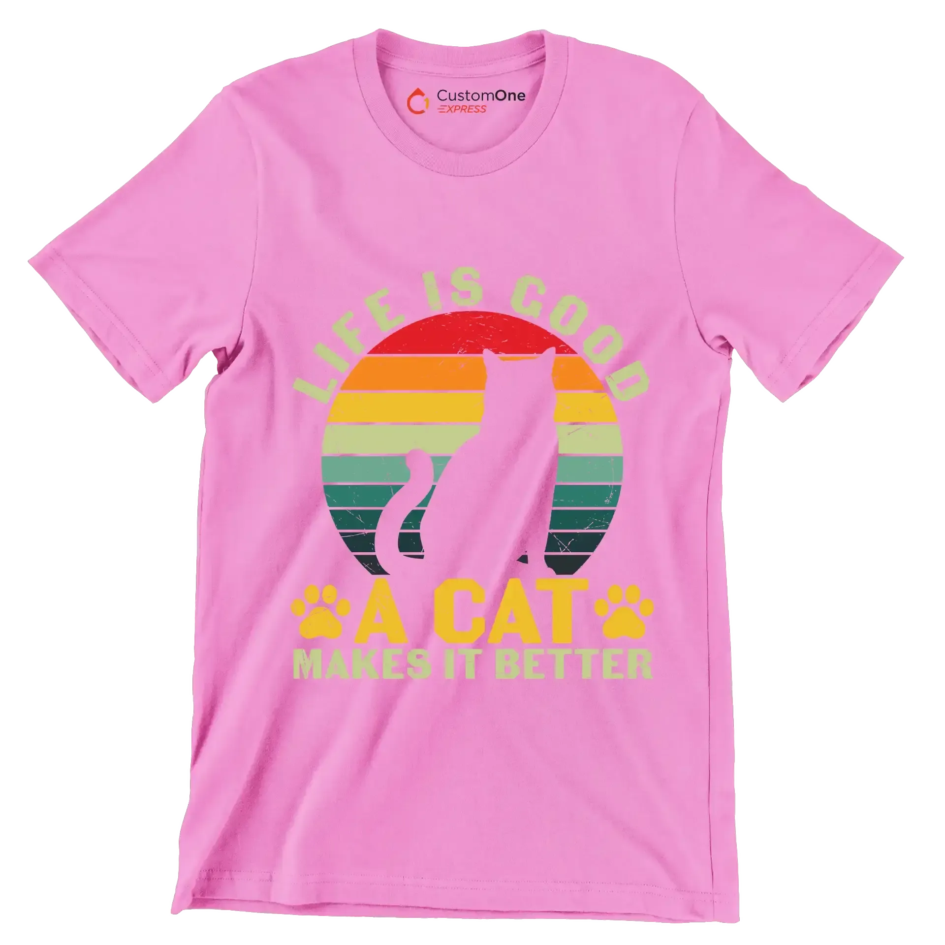 Funny Life Is Good - Cat Themed T-Shirt-Pink-S-Custom One Express
