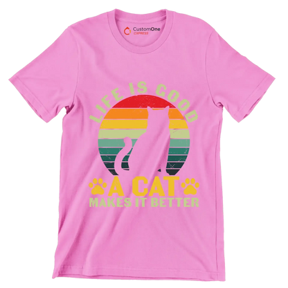 Funny Life Is Good - Cat Themed T-Shirt-Pink-S-Custom One Express