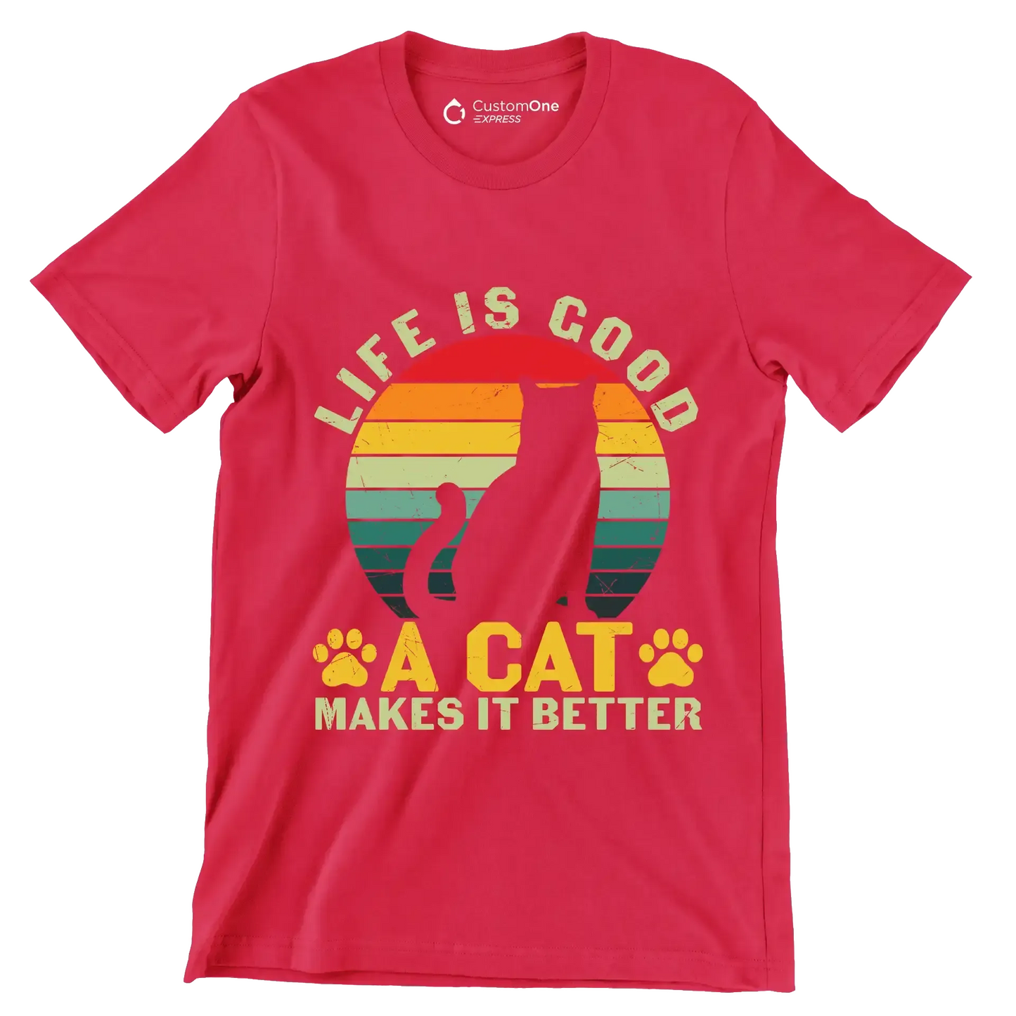Funny Life Is Good - Cat Themed T-Shirt-Red-S-Custom One Express