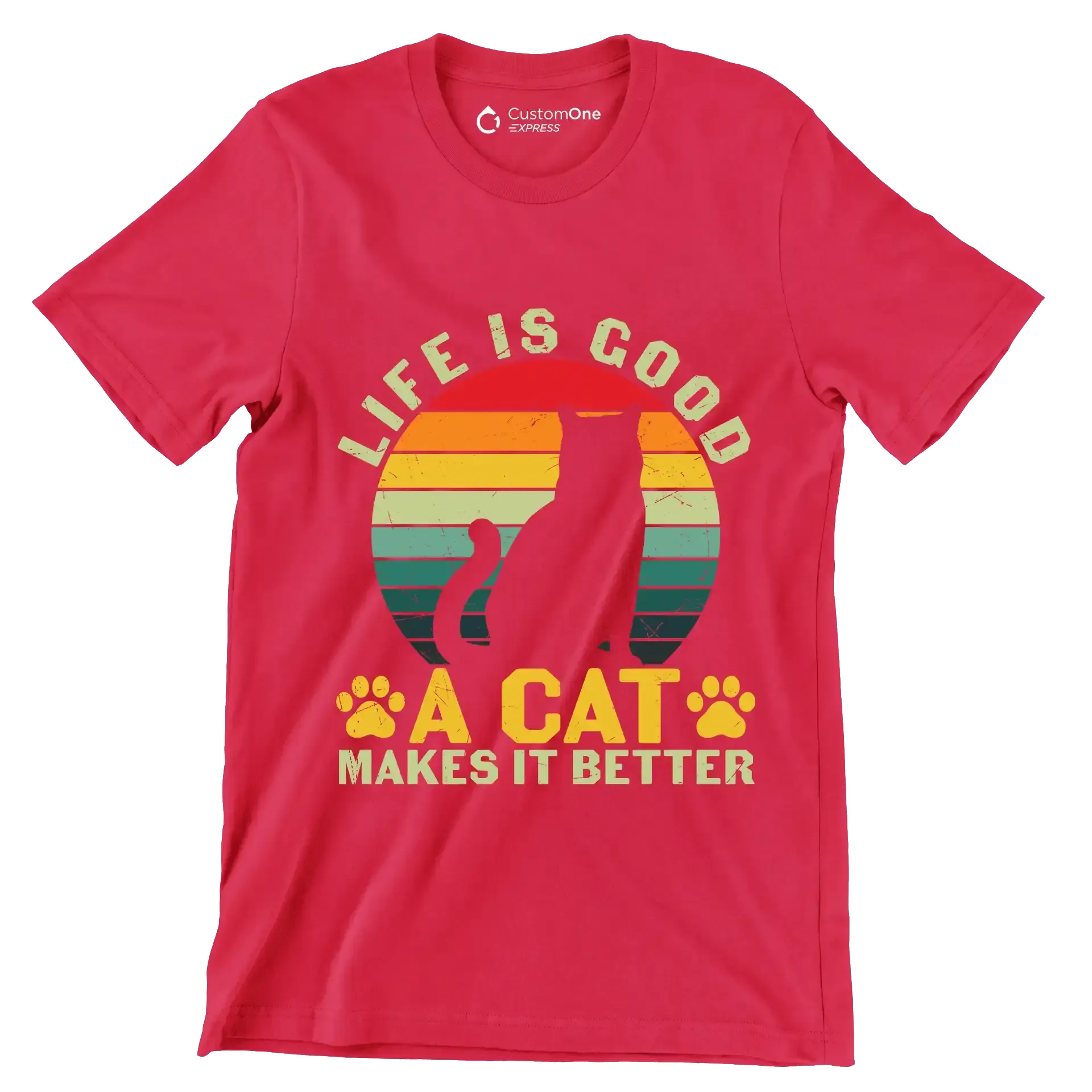 Funny Life Is Good - Cat Themed T-Shirt-Red-S-Custom One Express