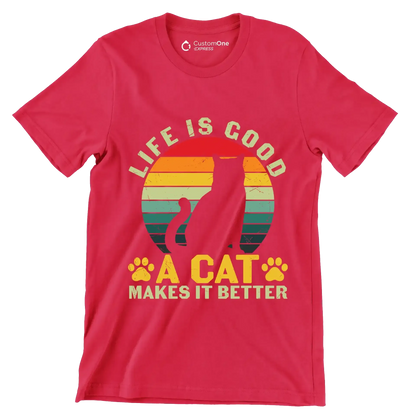 Funny Life Is Good - Cat Themed T-Shirt-Red-S-Custom One Express