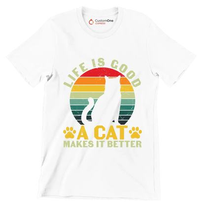 Funny Life Is Good - Cat Themed T-Shirt-White-S-Custom One Express