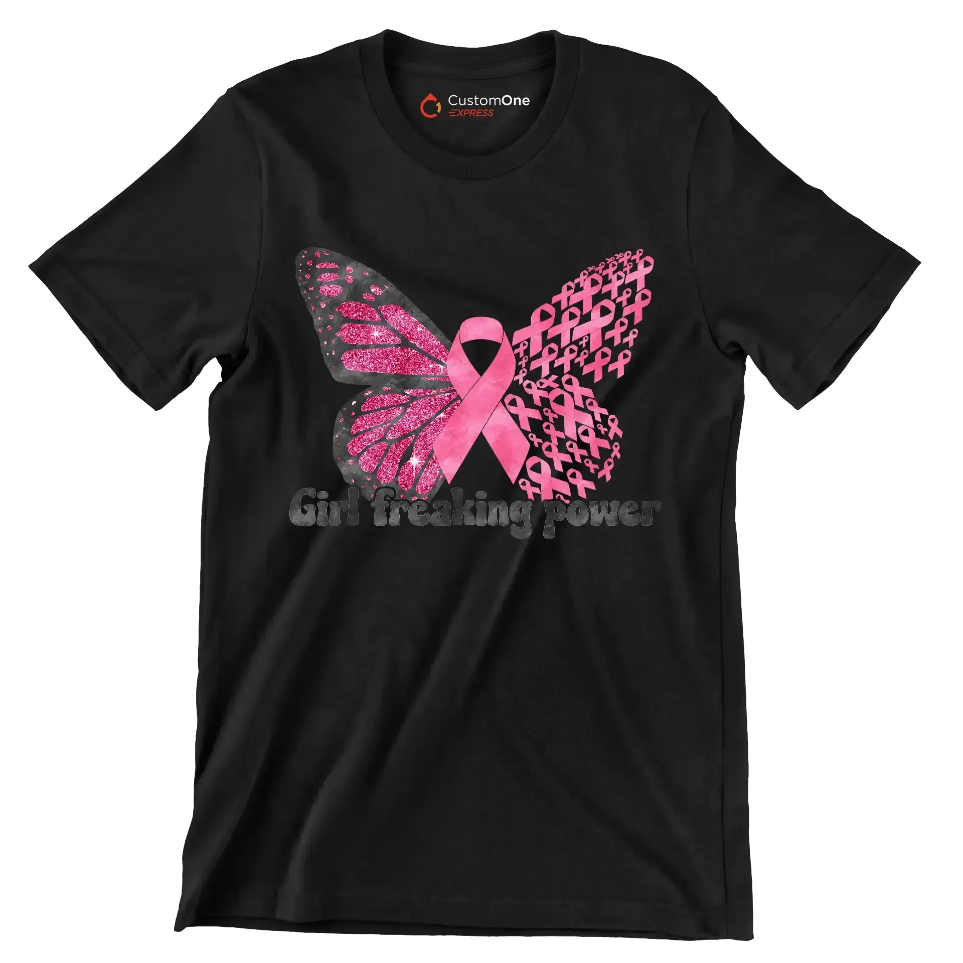 Girl Freaking Power - Breast Cancer Awareness T-Shirt-Black-S-Custom One Express