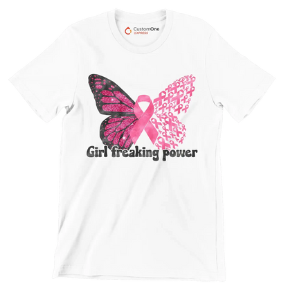 Girl Freaking Power - Breast Cancer Awareness T-Shirt-White-S-Custom One Express