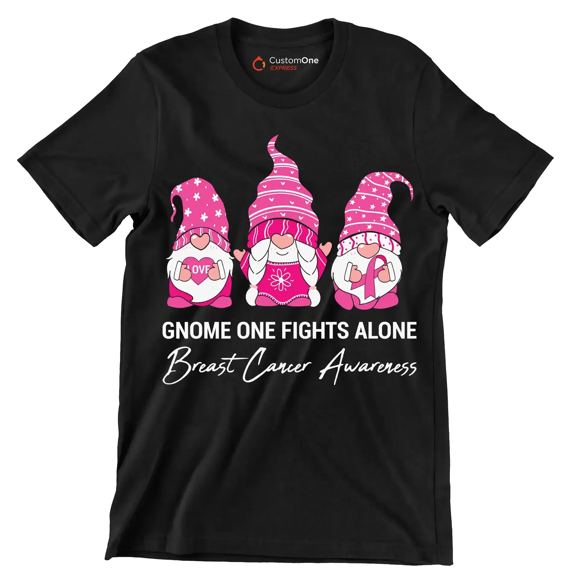 Gnome one fights alone breast cancer awareness - Breast Cancer Awareness T-Shirt-Black-S-Custom One Express