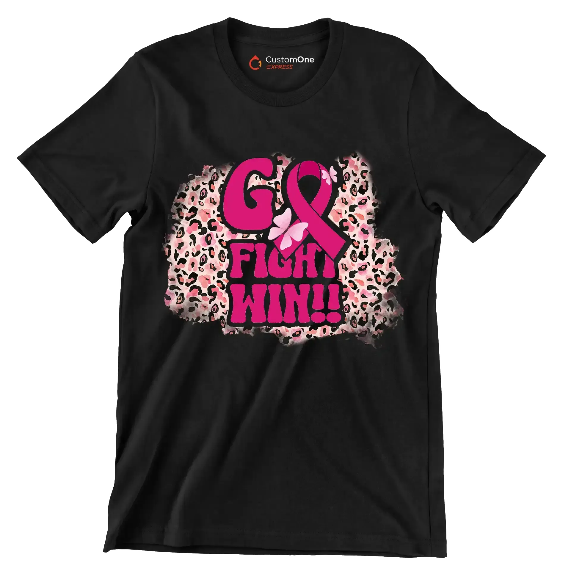 Go Fight Win!! - Breast Cancer Awareness T-Shirt-Black-S-Custom One Express