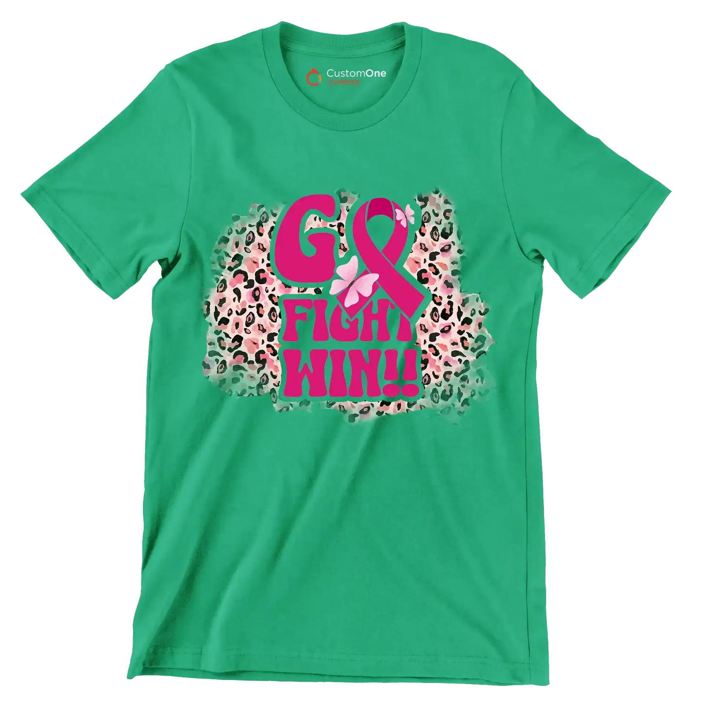 Go Fight Win!! - Breast Cancer Awareness T-Shirt-Green-S-Custom One Express