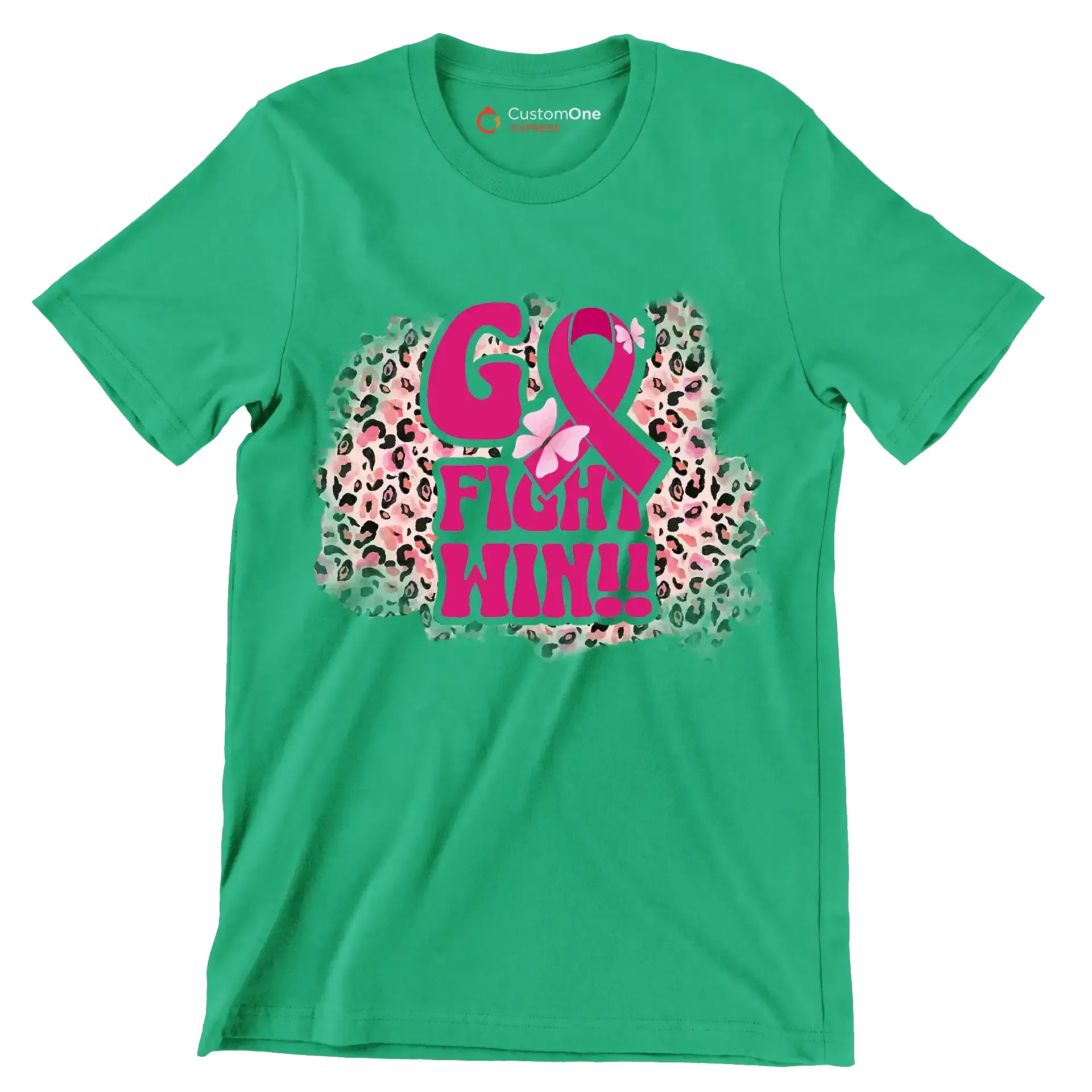 Go Fight Win!! - Breast Cancer Awareness T-Shirt-Green-S-Custom One Express
