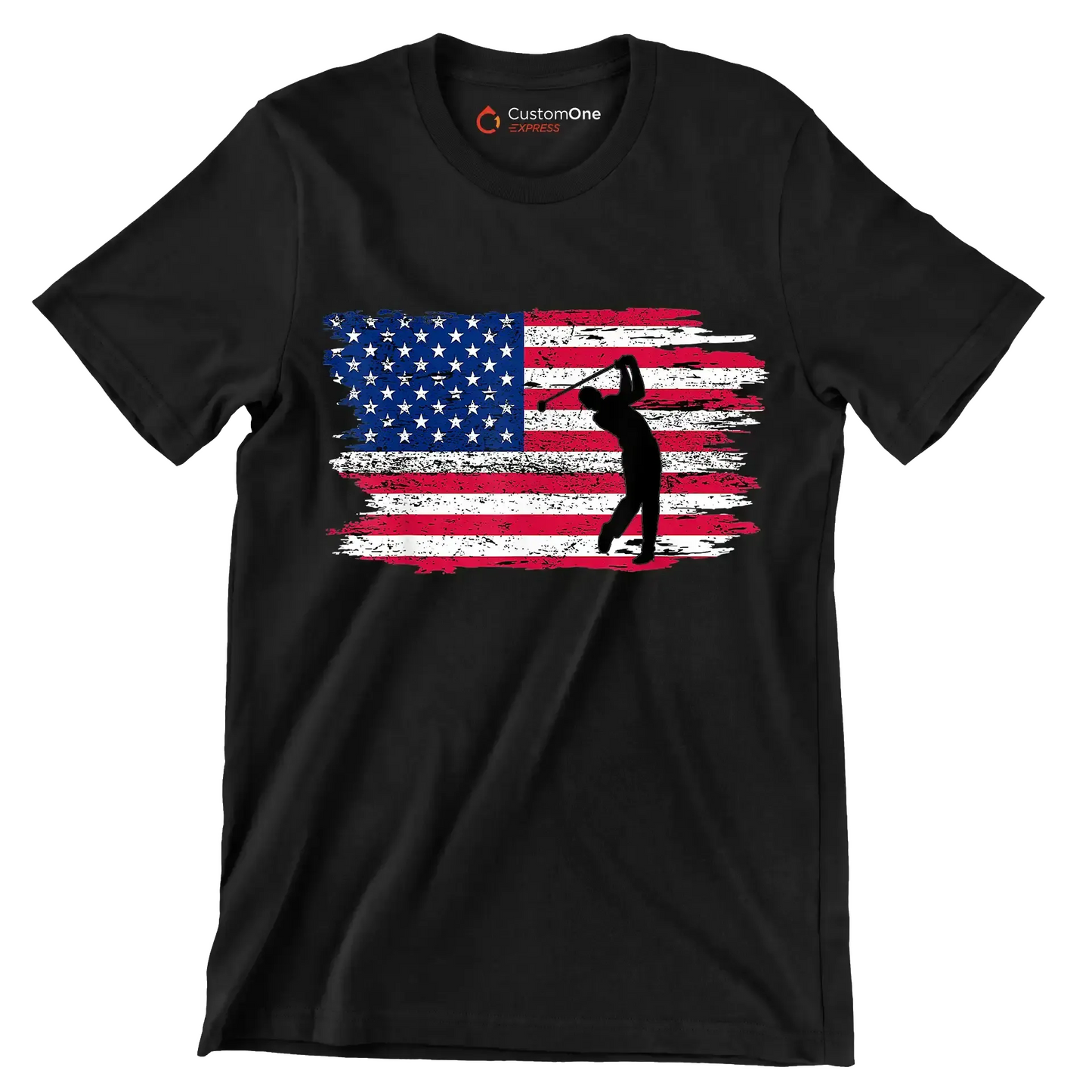 Golfer Swing Over American Flag - Golf Themed T-Shirt-Black-S-Custom One Express