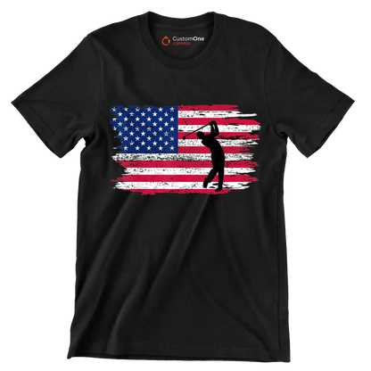 Golfer Swing Over American Flag - Golf Themed T-Shirt-Black-S-Custom One Express