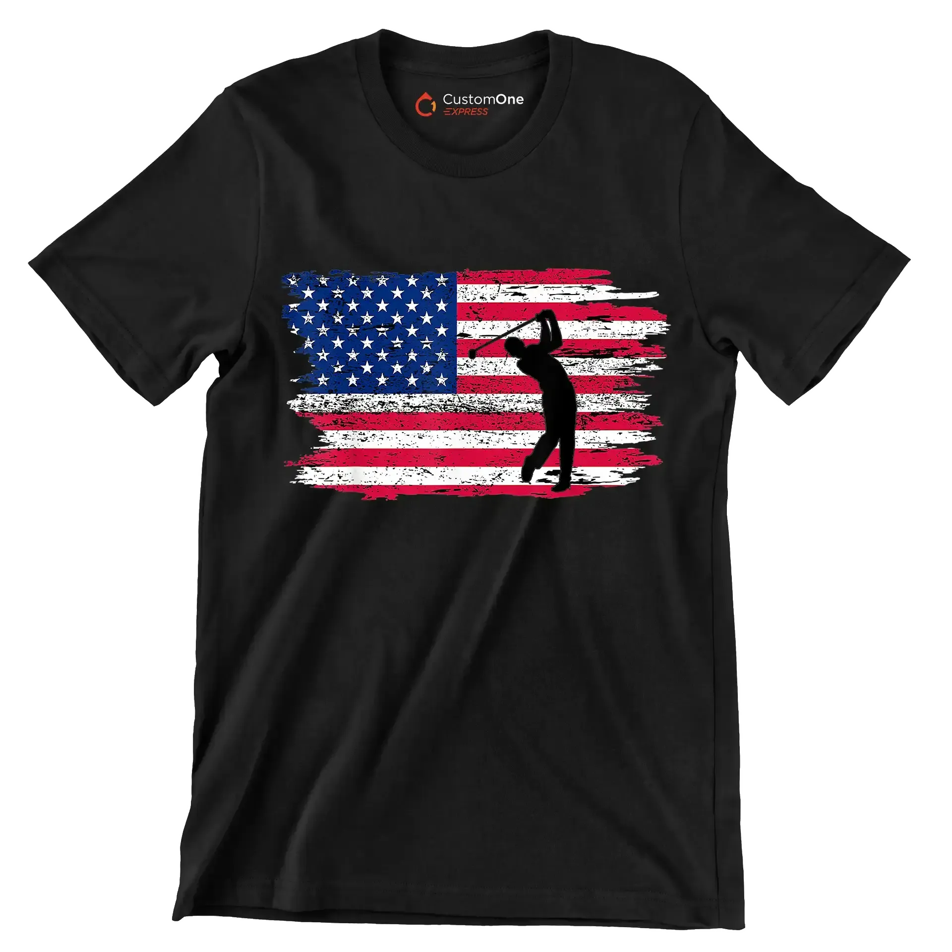 Golfer Swing Over American Flag - Golf Themed T-Shirt-Black-S-Custom One Express