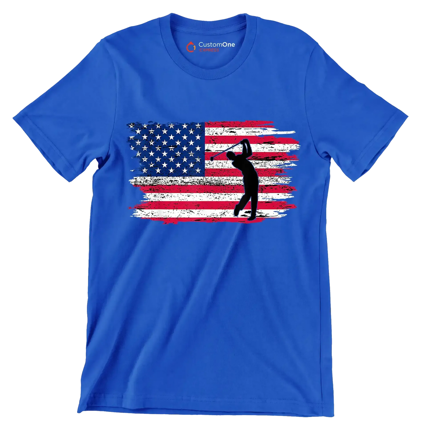 Golfer Swing Over American Flag - Golf Themed T-Shirt-Blue-S-Custom One Express
