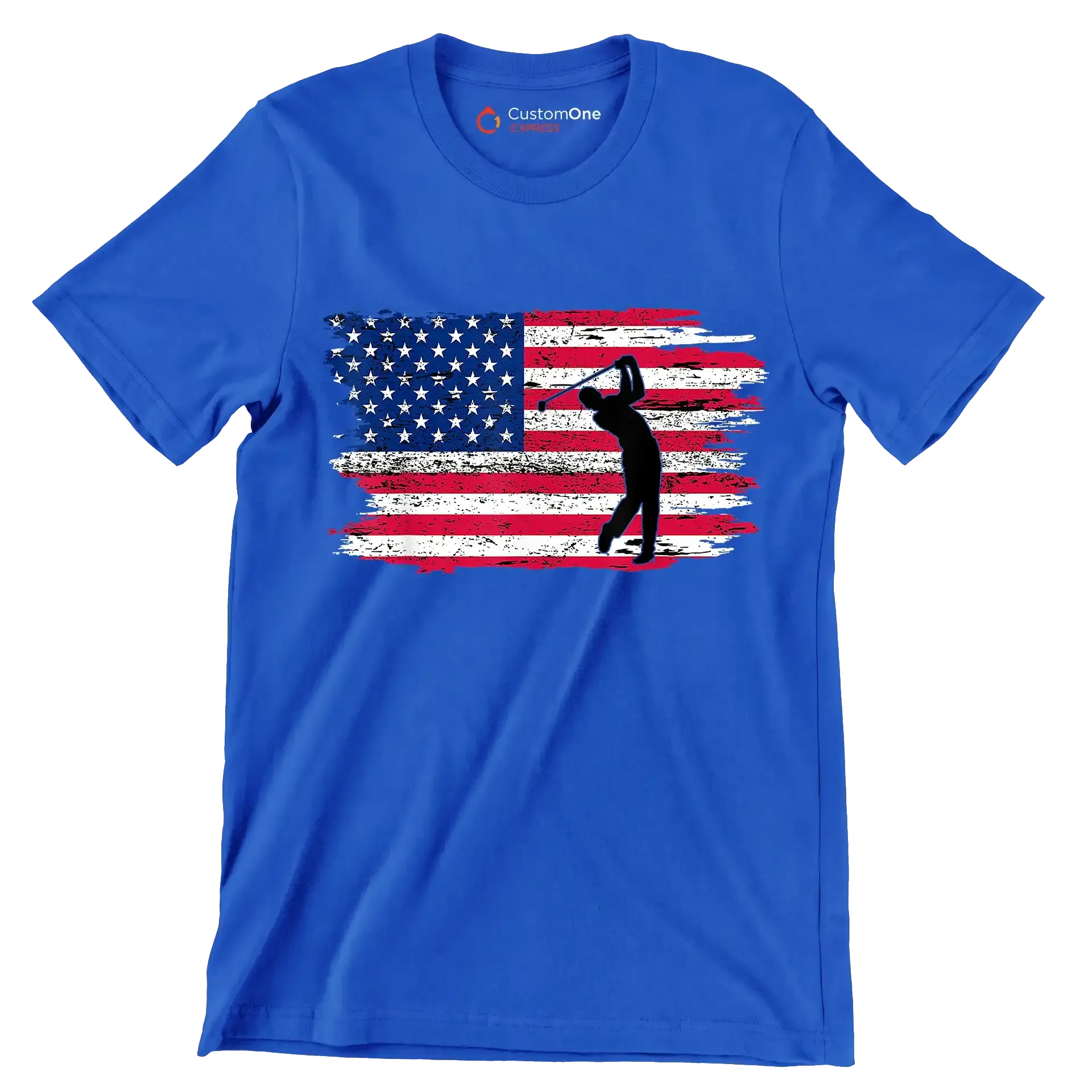 Golfer Swing Over American Flag - Golf Themed T-Shirt-Blue-S-Custom One Express