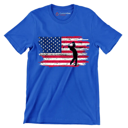 Golfer Swing Over American Flag - Golf Themed T-Shirt-Blue-S-Custom One Express