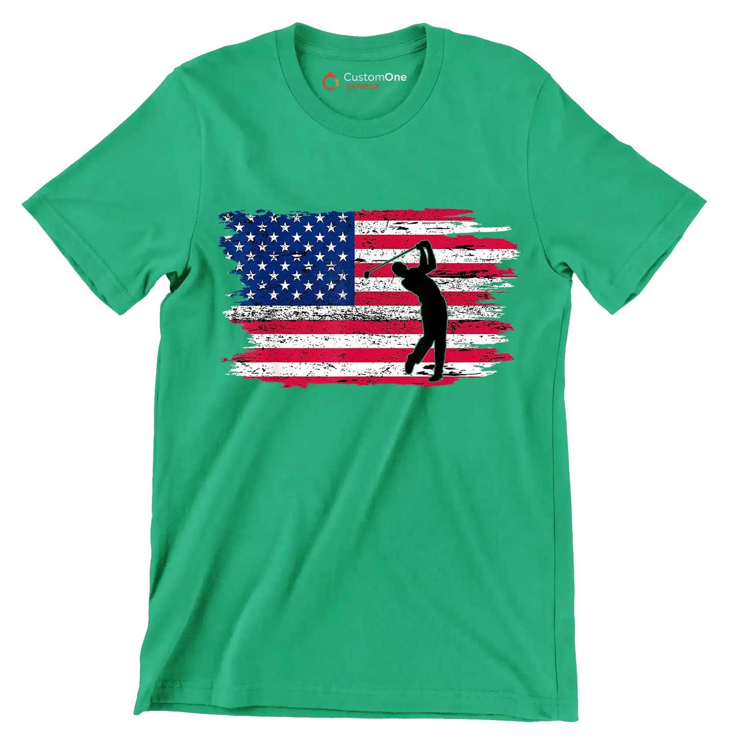 Golfer Swing Over American Flag - Golf Themed T-Shirt-Green-S-Custom One Express
