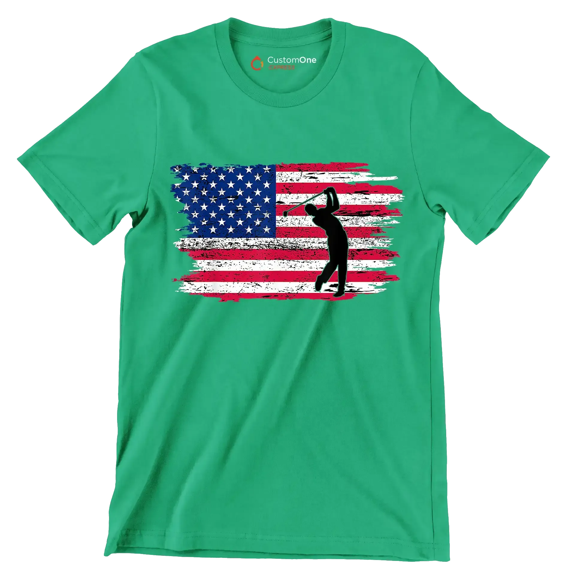 Golfer Swing Over American Flag - Golf Themed T-Shirt-Green-S-Custom One Express