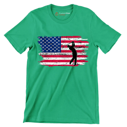 Golfer Swing Over American Flag - Golf Themed T-Shirt-Green-S-Custom One Express
