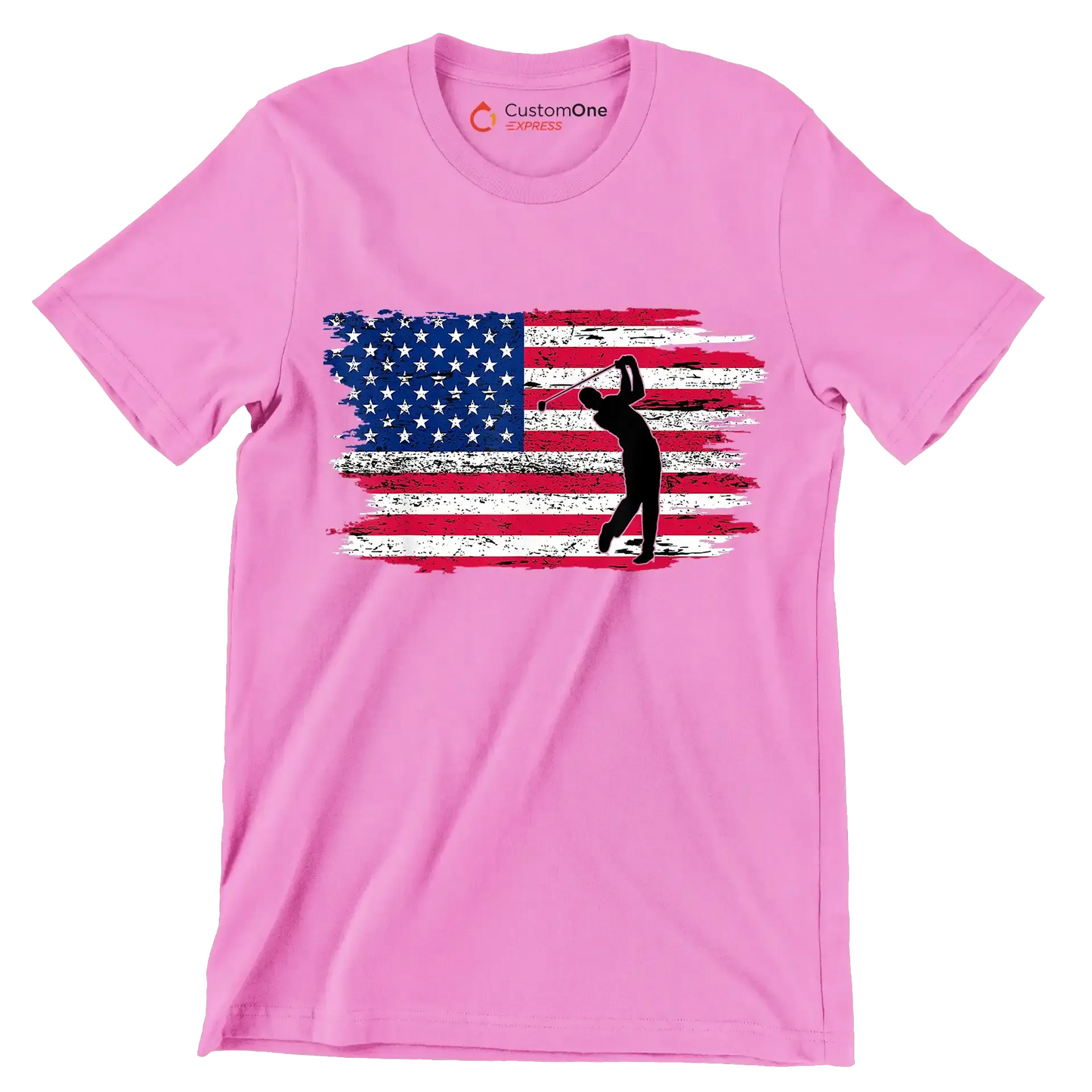 Golfer Swing Over American Flag - Golf Themed T-Shirt-Pink-S-Custom One Express