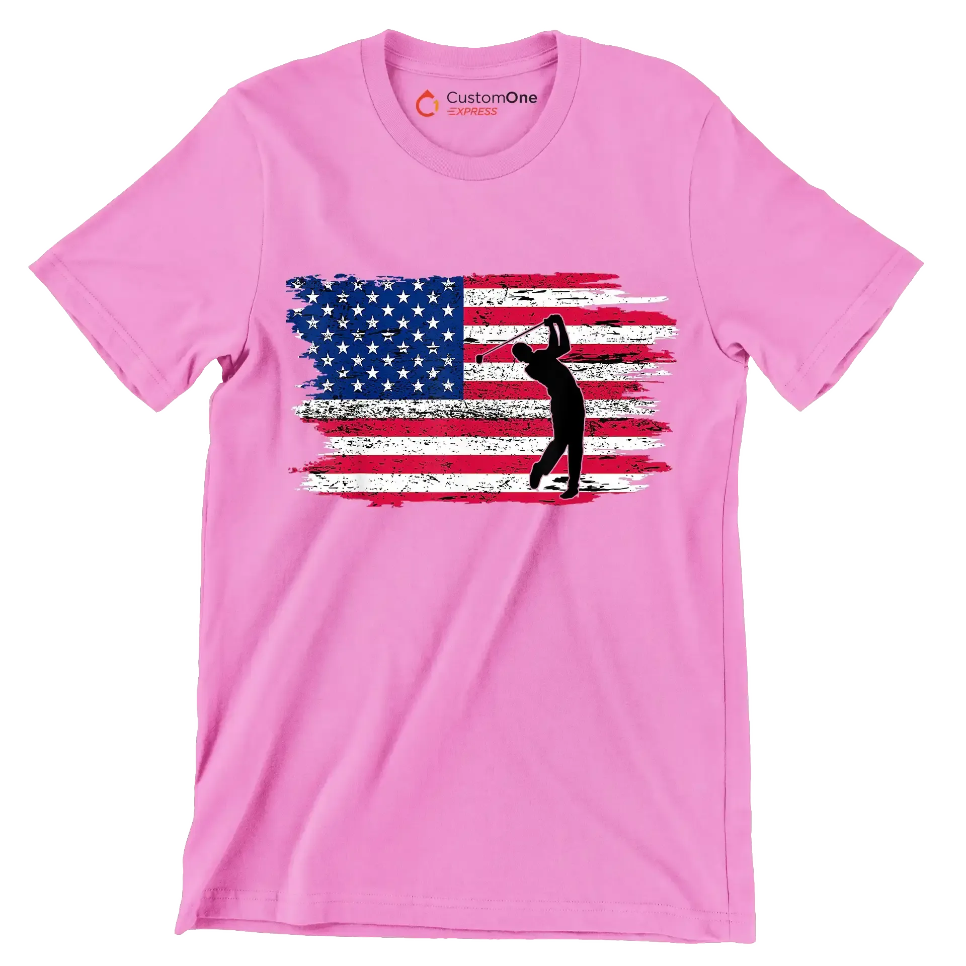 Golfer Swing Over American Flag - Golf Themed T-Shirt-Pink-S-Custom One Express