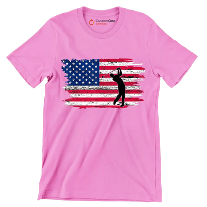 Golfer Swing Over American Flag - Golf Themed T-Shirt-Pink-S-Custom One Express