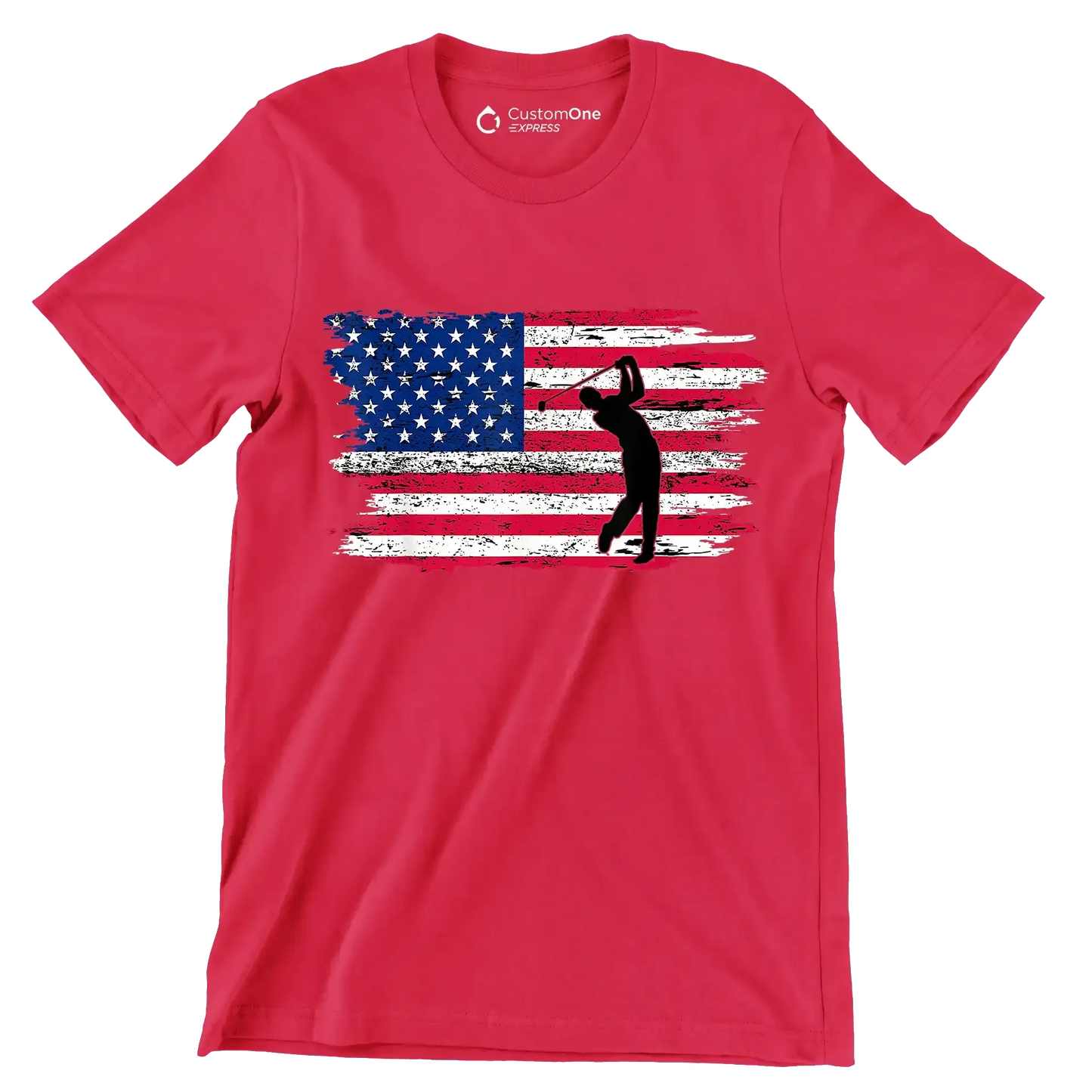 Golfer Swing Over American Flag - Golf Themed T-Shirt-Red-S-Custom One Express