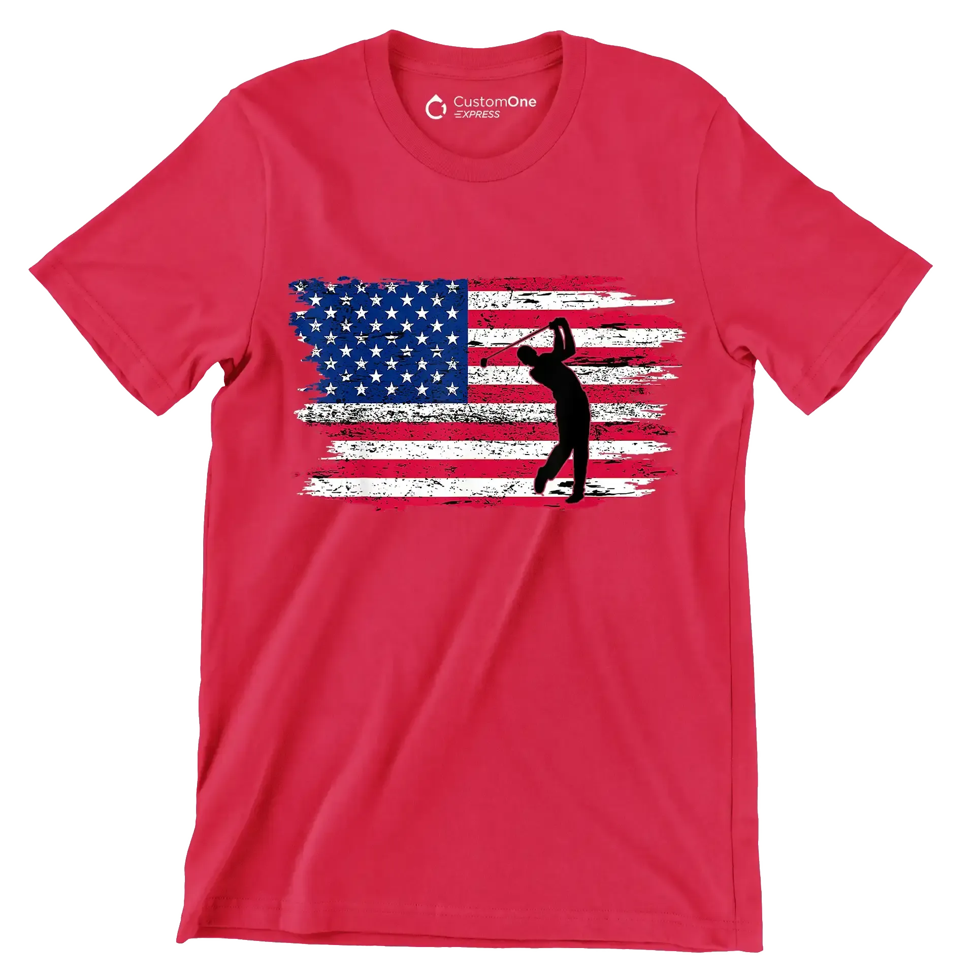 Golfer Swing Over American Flag - Golf Themed T-Shirt-Red-S-Custom One Express