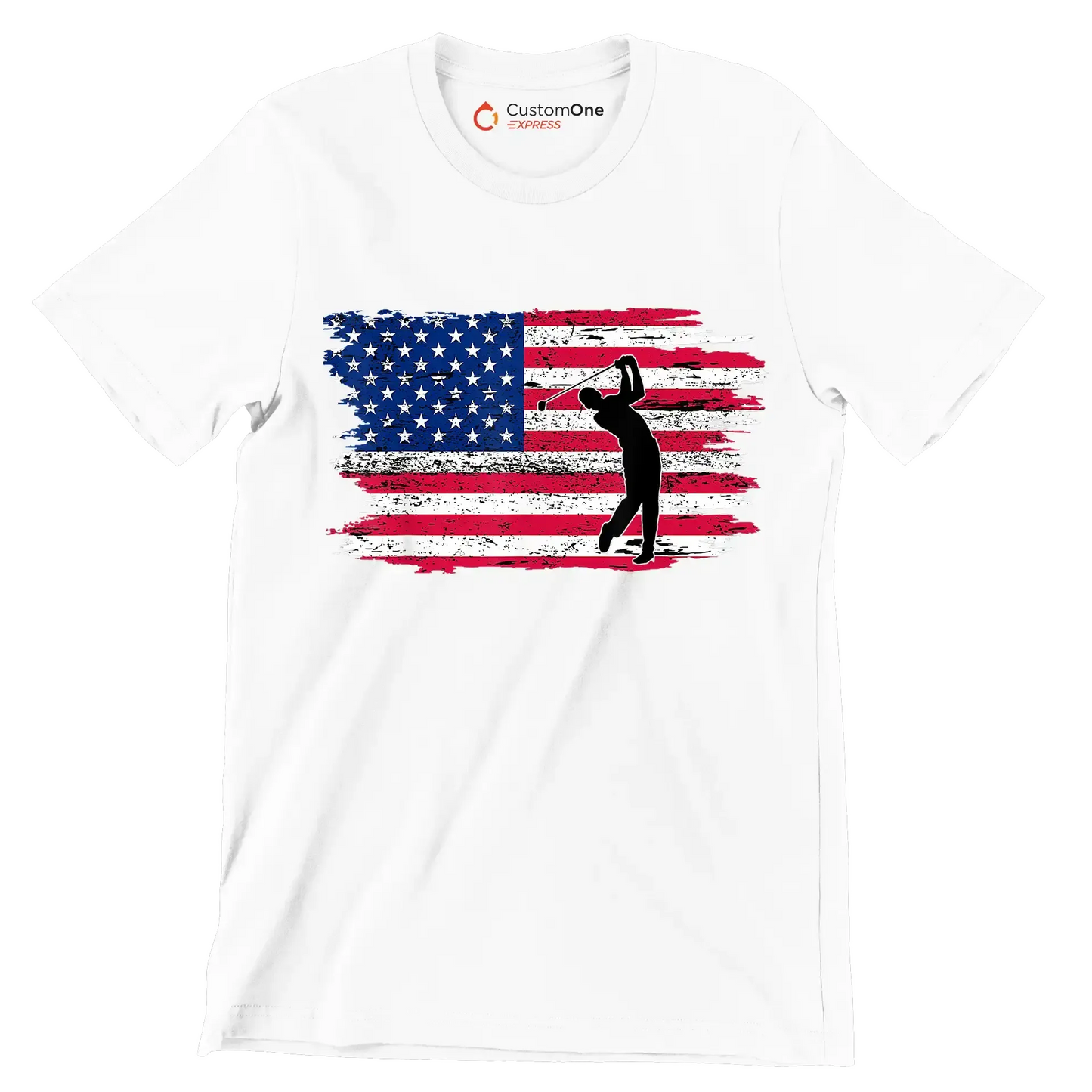 Golfer Swing Over American Flag - Golf Themed T-Shirt-White-S-Custom One Express