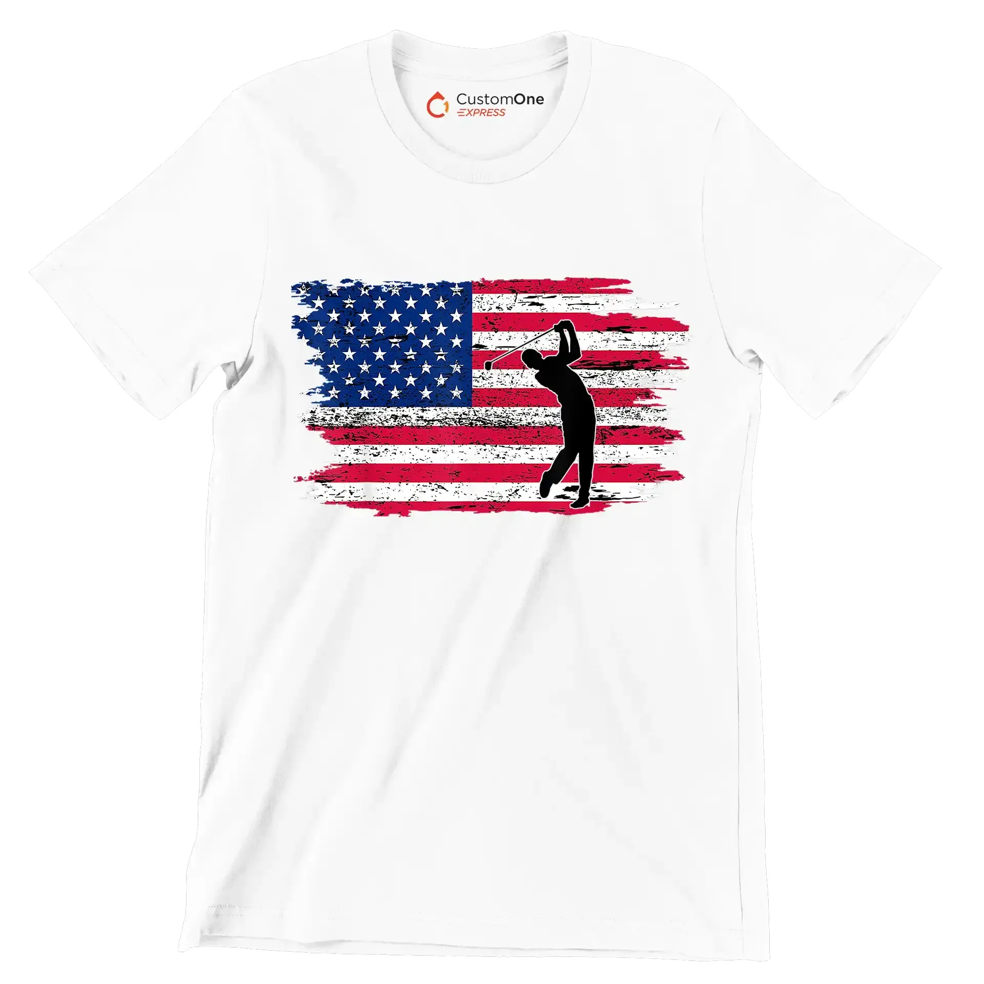 Golfer Swing Over American Flag - Golf Themed T-Shirt-White-S-Custom One Express