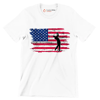 Golfer Swing Over American Flag - Golf Themed T-Shirt-White-S-Custom One Express