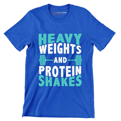 Heavy Weights and Protein Shakes - Gym Themed T-Shirt-Blue-S-Custom One Express