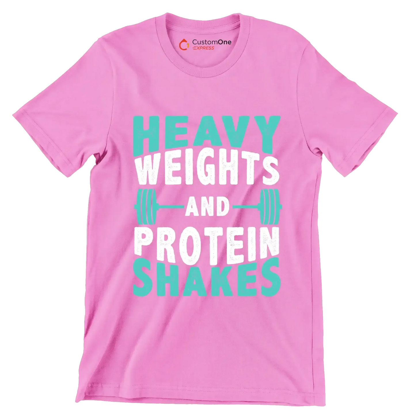 Heavy Weights and Protein Shakes - Gym Themed T-Shirt-Pink-S-Custom One Express