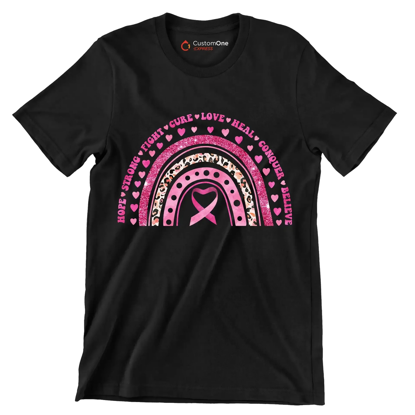Hope strong fight cure love heal conquer believe - Breast Cancer Awareness T-Shirt-Black-S-Custom One Express