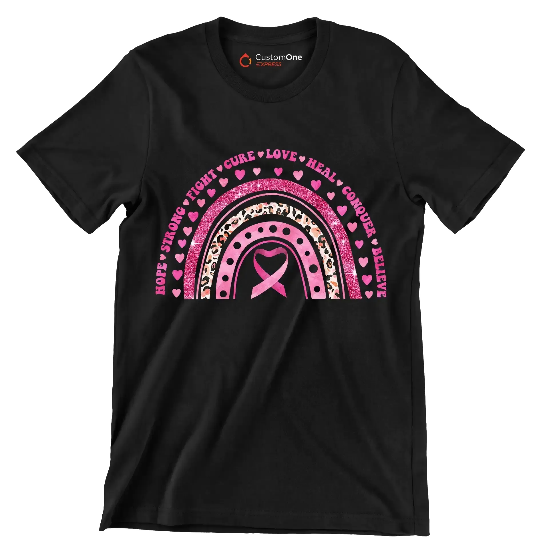 Hope strong fight cure love heal conquer believe - Breast Cancer Awareness T-Shirt-Black-S-Custom One Express