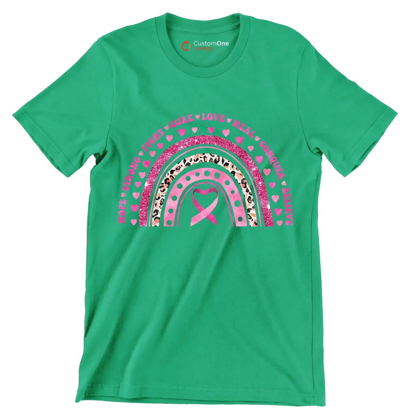 Hope strong fight cure love heal conquer believe - Breast Cancer Awareness T-Shirt-Green-S-Custom One Express