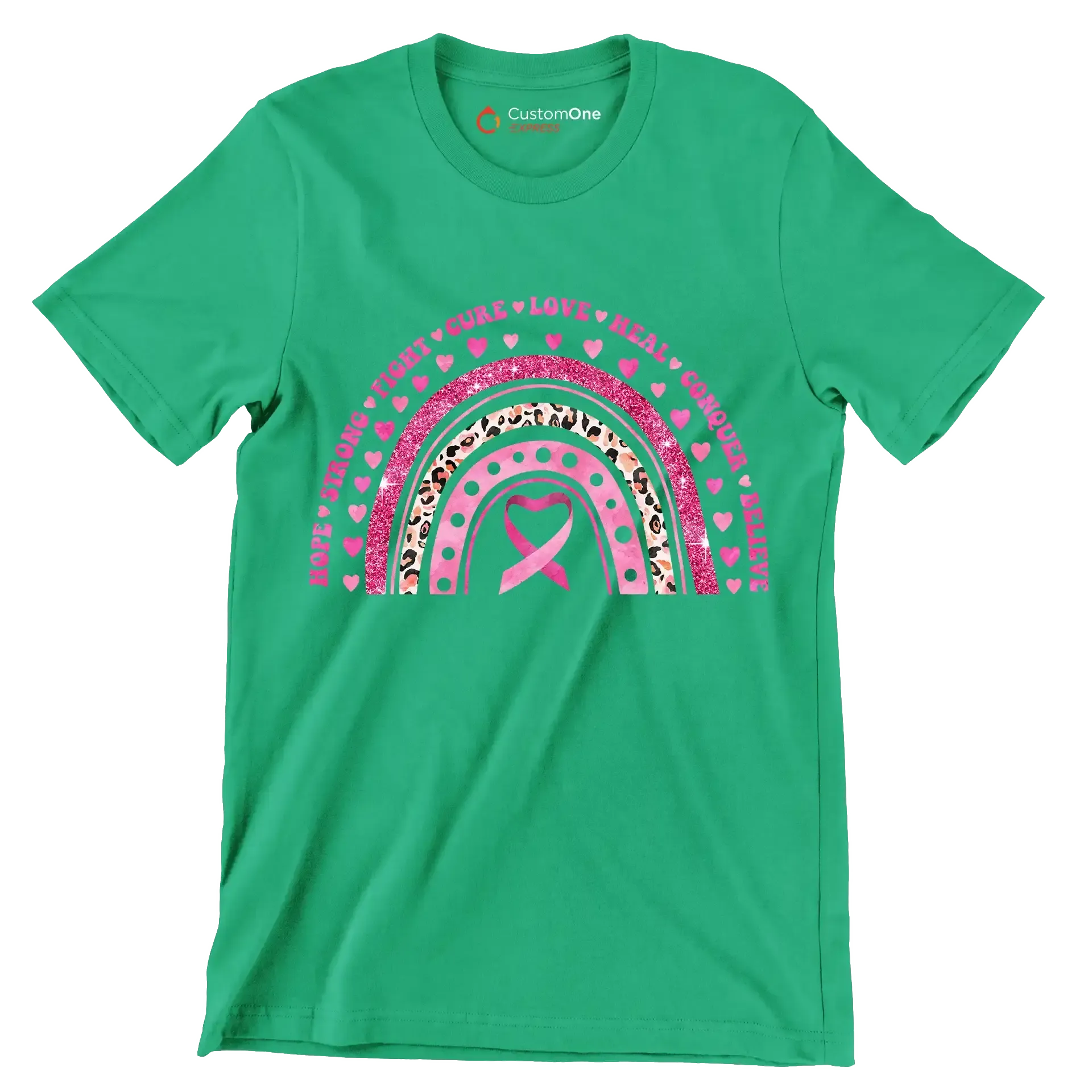 Hope strong fight cure love heal conquer believe - Breast Cancer Awareness T-Shirt-Green-S-Custom One Express