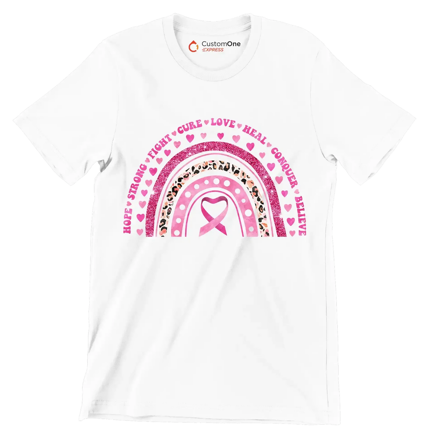 Hope strong fight cure love heal conquer believe - Breast Cancer Awareness T-Shirt-White-S-Custom One Express